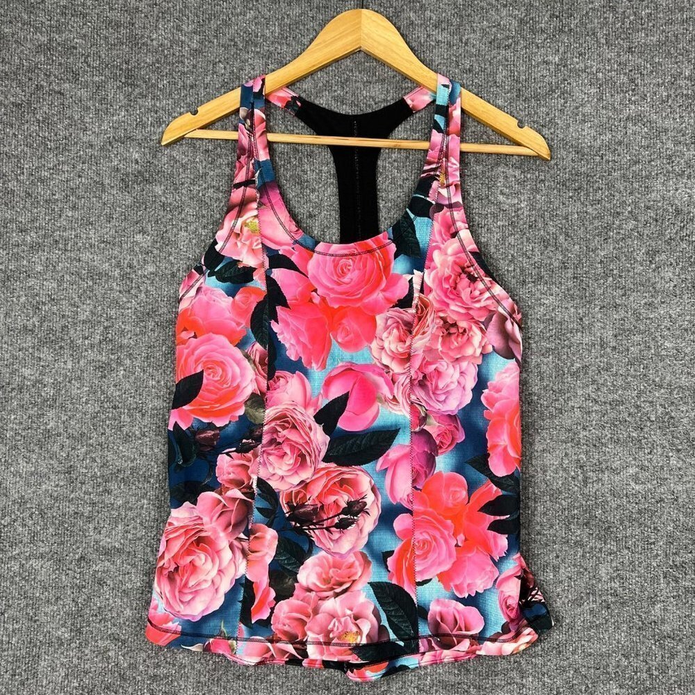 LULULEMON SECRET GARDEN PINK FLORAL RACERBACK TANK TOP WOMEN SZ  4? SCOOP NECK‎